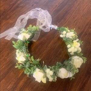 Floral Headband with White and Green Flowers